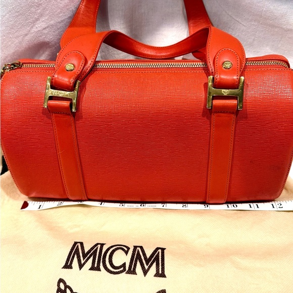 MCM Tangerine Pebbled Leather Satchel With Striking Gold Accents - Picture 3 of 12